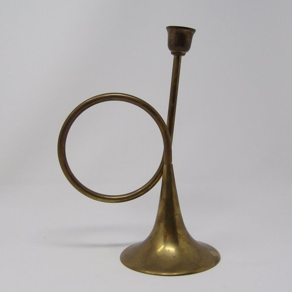 Vintage Brass French Horn Candle Stick Holder 9" H x 4 1/2" W - Picture 3 of 10